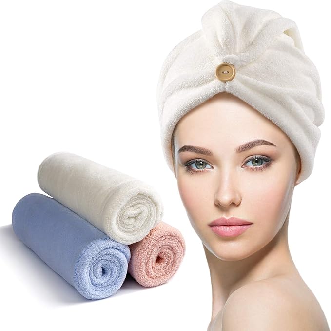 YFONG 3 Pack Microfiber Hair Towel Wrap for Women Girls, Super Absorbent Turban Towels for Drying Wet Hair, Anti Frizz Head Towels for Curly All Hair Style, Turbie Twist (Blue, Pink, White)