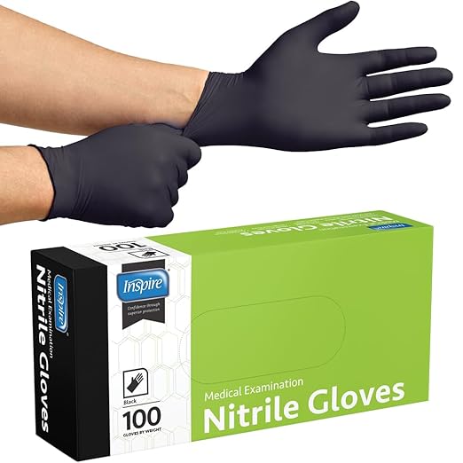 Inspire Black Nitrile Disposable Gloves | 4.5 Nitrile Safety Medical Exam Cooking Cleaning Disposable Black Gloves (Box Of 100, XL)