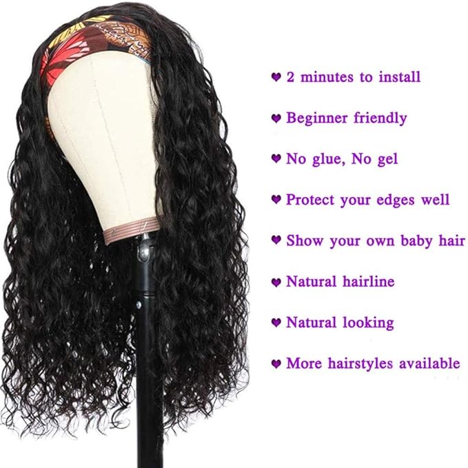 KLAIYI Headband Human Hair Wig Water Wave Curly Non Lace Front Wigs for Black Women Deep Wave Glueless Wear and Go Half Wig 30S Ready to Go Beginner Friendly 180% Density 12A Natural Hairline 14Inch