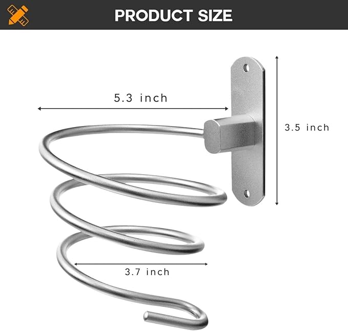 Stainless Steel Wall Mounted Hair Dryer Holder, Spiral Shelf - Self-Adhesive, Silver