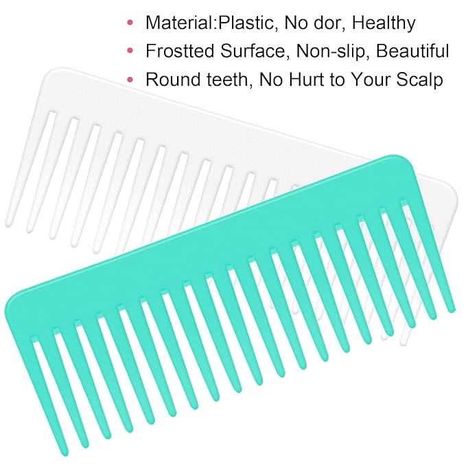 Wide Tooth and Large Detangling Comb Set for Long, Curly, Wet Hair - No Handle Styling, Shampoo, and Detangling Combs (2 Pieces - White, Cyan)