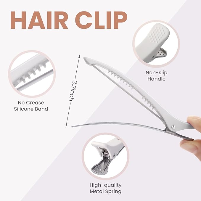 12PCS Hair Clips for Styling - No Crease Hair Clips for Women - Non Slip Duck Billed Hair Roller Clips with Silicone Band - Salon Hair Sectioning Clips White