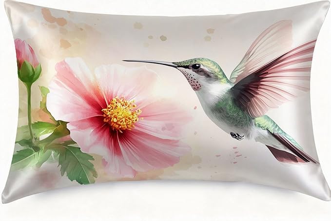 1 Pack Satin Pillowcase for Hair and Skin Watercolor Hummingbird and Flower Imitation Silk Pillowcase with Hidden Zipper Soft Breathable Pillow Cover Standard Size for Bedroom Sofa 20”x26”