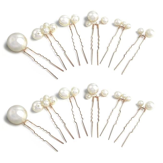 U Shaped Pearl Hair Pins for Wedding, Elegant Updo Hair Accessories for Bridal or Women, Set of 12 (Gold)