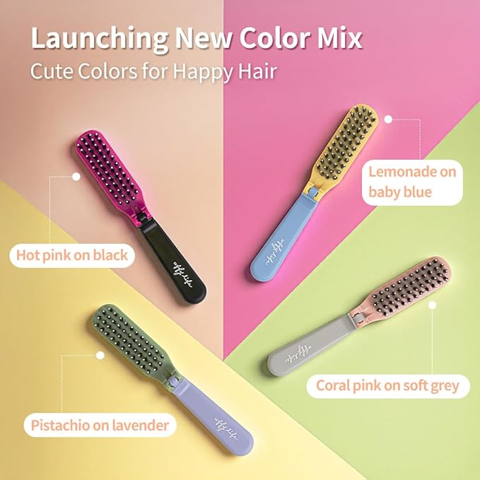 Uffy MiniPop Travel Hair Brush – Mini Folding Boar Bristles for Women, Men & Kids | Kid-Friendly Compact Comb for Wet & Dry Hair, Curly or Straight | Pocket-Size Detangler - Lemonade on Baby Blue