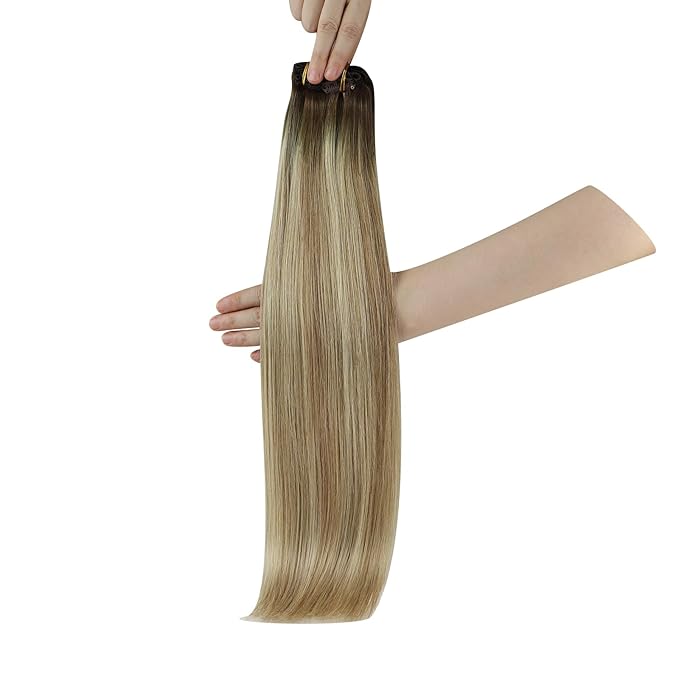YoungSee Clip in Human Hair Extensions Brown Ombre Clip in Extensions Real Human Hair Walnut Ombre Light Brown with Blonde Balayage Real Hair Extensions Clip ins Human Hair 20Inch 120G 7Pcs