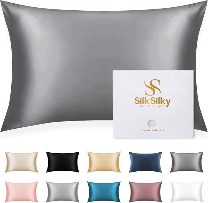 SilkSilky 100% Mulberry Silk Pillowcase - Pure 22 Momme High-Grade 6A Fibers for Hair & Skin, Envelope Closure, Natural, Organic, Breathable & Cooling Pillow Case (Standard, Dark Gray)