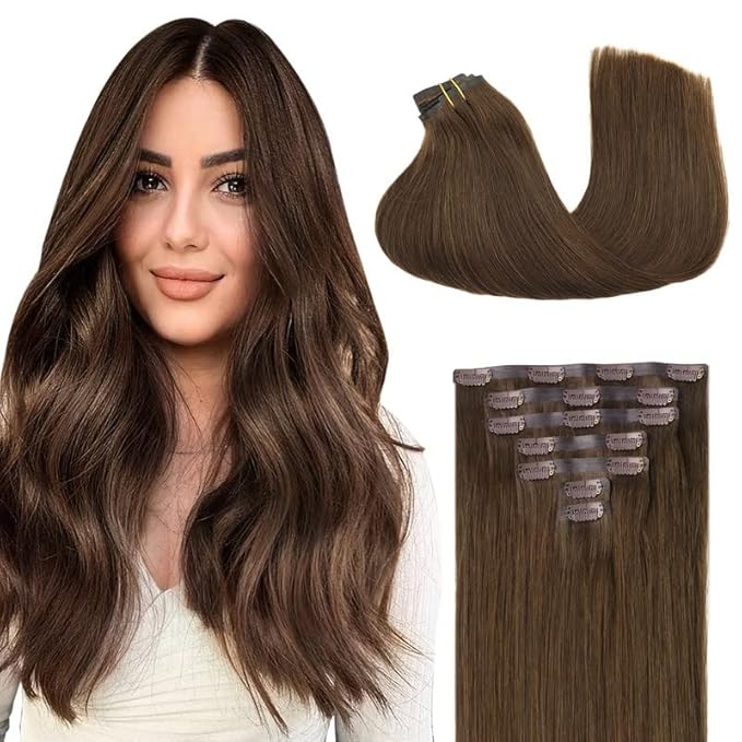 GOO GOO Clip in Hair Extensions Real Human Hair, Remy Human Hair Extensions Clip ins for Women, Natural Human Hair, 14inch 110g 7Pcs, 4A Chocolate Brown