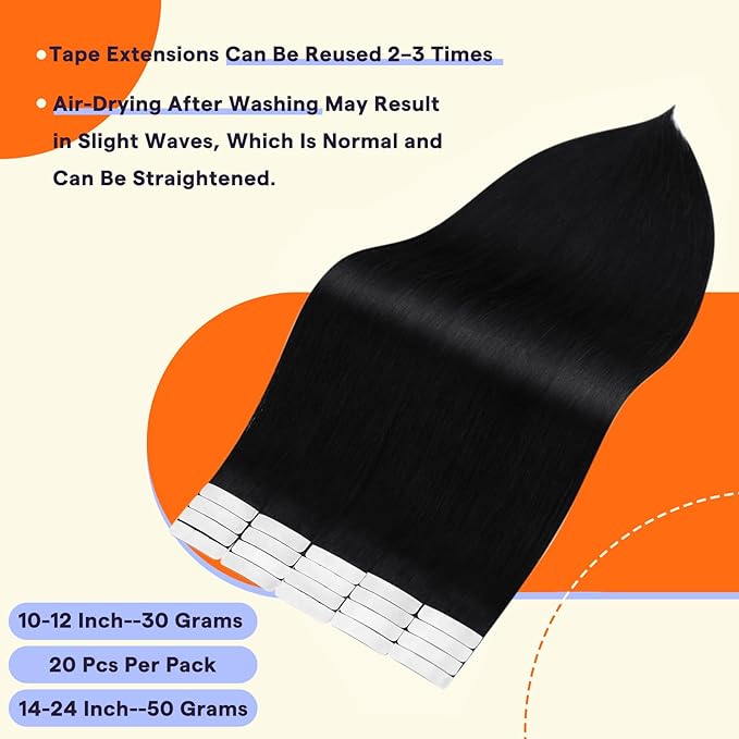 Full Shine Tape in Hair Extensions 22 Inch Color 1B Off Black Straight Invisible Remy Hair Extensions Real Human Hair Tape in 50 Grams 20 PCS Seamless Skin Weft Extensions Add Length