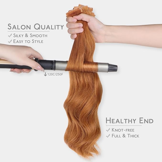 WENNALIFE Invisi Edge & Classic Tape in Hair Extensions Human Hair, 18 Inch 100g 40pcs(20pcs Invisi Edge & 20pcs Classic) Auburn Ginger Invisible Luxury Remy Hair Natural Seamless Injected Tape Ins