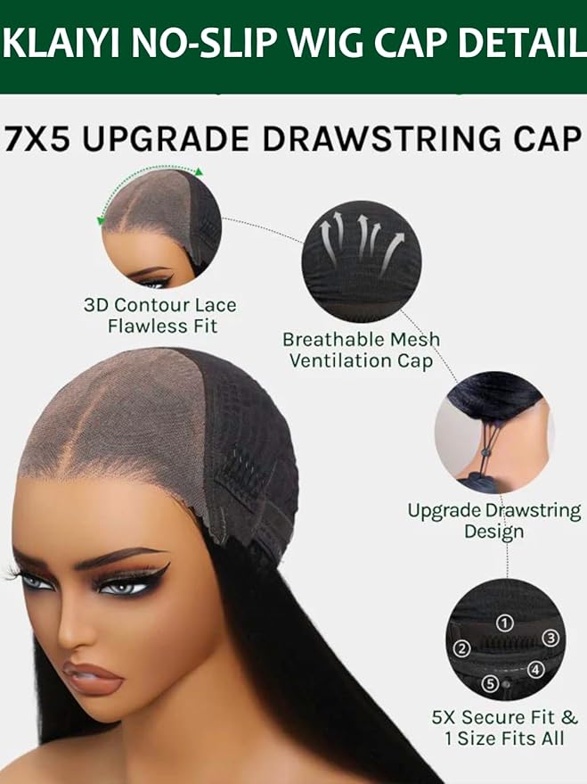 KLAIYI Bye Bye Slip™ Water Wave 7X5 Precut Lace Front Human Hair Wig Drawstring Glueless 3S Ready to Wear and Go Wig with Baby Hair Pre Plucked Bleached Bye Bye Knots Curly Wig 180%Density Full 18Inch