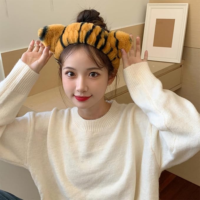 2pcs Tiger Plush Hairbands for Women Wide Elastic Fuzzy Head Wraps with Cute Ears Soft Spa Headbands for Face Washing Makeup Skincare Shower and Mask Application White Yellow