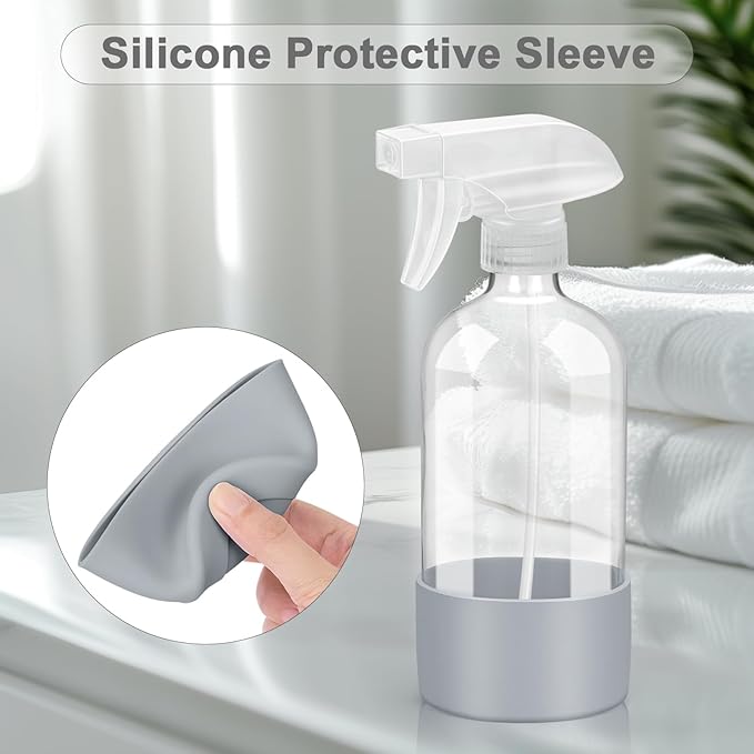 2 Pack Glass Spray Bottles with Silicone Sleeve, 16 oz Empty Refillable Containers with Adjustable Spray Nozzles, Spray Bottles for Hair, Cleaning Solutions and Plants Blue&Grey