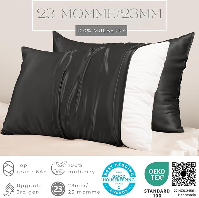PROMEED Upgraded Grade 6A+ Black Silk Pillowcase with Zipper, 23 Momme Natural Mulberry Silk Pillow Cases for Hair and Skin - Easy Care with Free Laundry Bag (Queen 20"x30", Black)