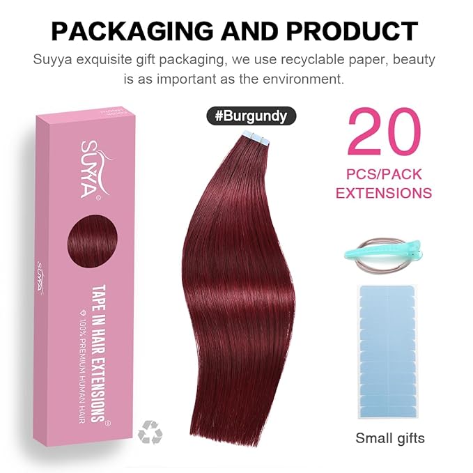 SUYYA Tape in Hair Extensions Burgundy 100% Real Remy Human Hair 16 inches 20pcs 40g/pack Straight Seamless Skin Weft Tape Human Hair Extensions(16 inches #Burgundy)