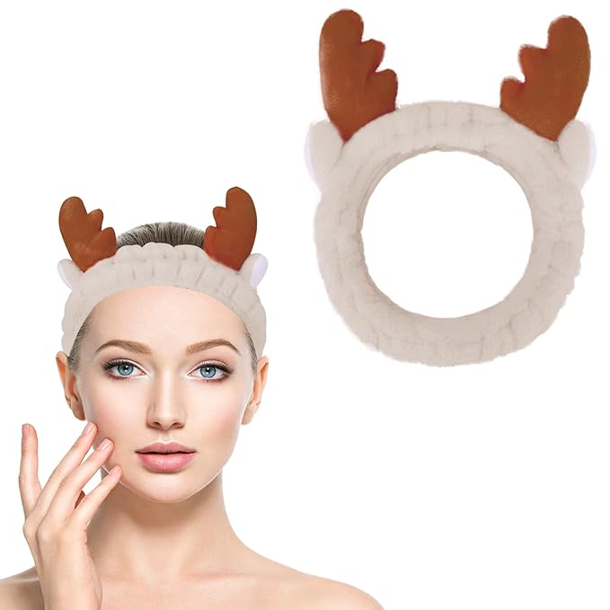 Jowmoy Headband, Face Wash Headband, Cute Antlers Design, Made of Elastic Microfiber, for Women Makeup Shower Spa, 1 Count