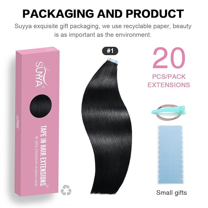 SUYYA Tape in Hair Extensions Human Hair 100% Remy Human Hair Jet Black 50g/pack 20pcs Straight Seamless Skin Weft Tape Hair Extensions(22 inches #1 Jet Black)