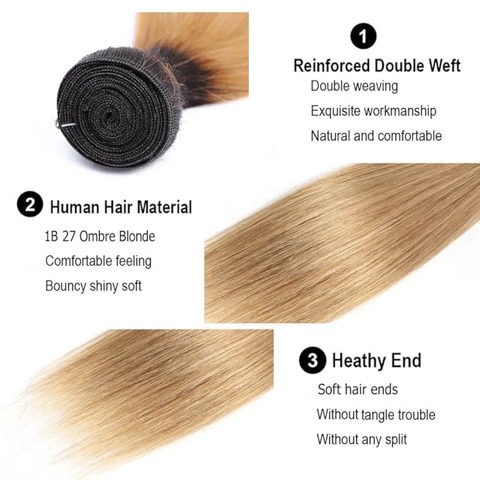 Blonde Bundles Human Hair Ombre Straight Bundle Niegmeag Brazilian Virgin Remy Hair 3 Bundles 22 24 26 Inch 2 Tone Black and Honey Blonde Straight Bundle Double Weft Hair Weave 300g