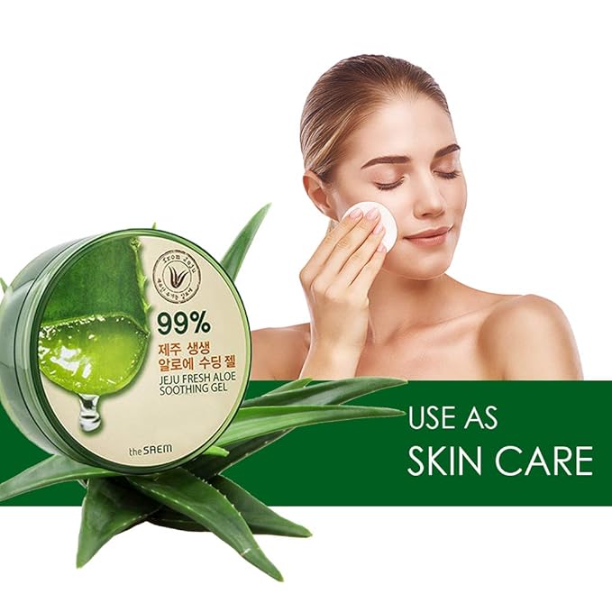THESAEM Jeju Fresh Aloe Soothing Gel 10.1 fl. oz. - 99% Pure Aloe Vera Leaf Juice from Jeju Island - Multi-Purpose Moisturizing Gel for Face, Body & Hair - Cooling Relief for Irritation & Dry Skin