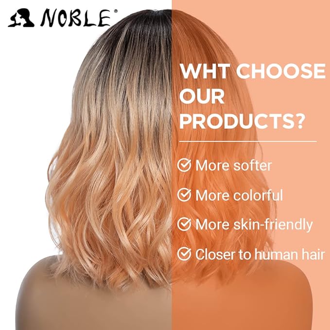 NOBLE Pink Orange Wig for Women Peach Wig with Bangs Ombre Bob Curly Wigs with Air Bangs Synthetic Short Wavy Wigs with Bangs Heat Resistant Synthetic Daily Party Cosplay Costume Wigs
