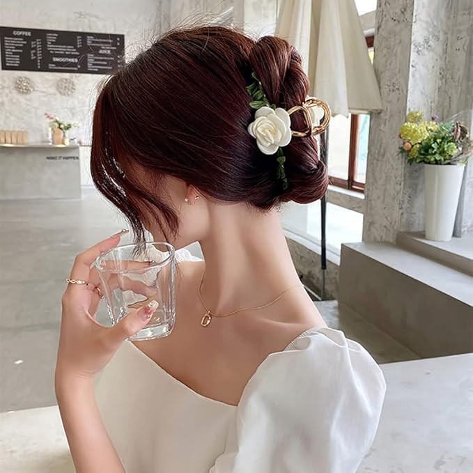 Large Metal Camellia Hair Claws for Women - 2Pcs Sweet Retro Non-Slip Butterfly Leaf and Flower Jaw Clips, Cute Big Hair Accessories