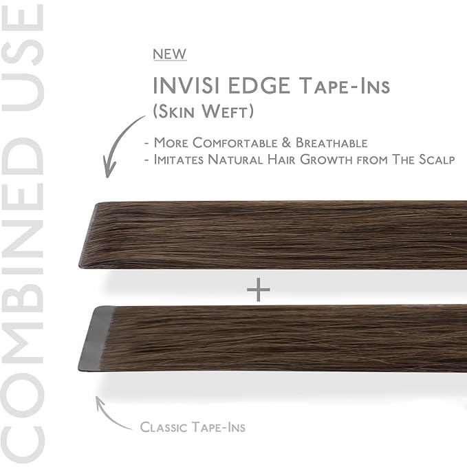 WENNALIFE Invisi Edge & Classic Tape in Hair Extensions Human Hair, 14 Inch 50g 20pcs(10pcs Invisi Edge & 10pcs Classic) Light Ash Brown Invisible Luxury Remy Hair Natural Seamless Injected Tape Ins