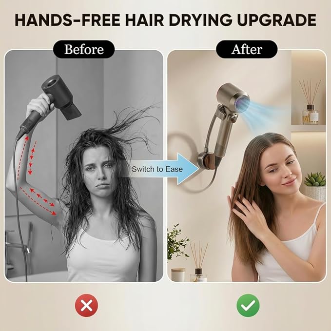 Hands Free Hair Dryer Holder, Suction Cup Wall Mount Blow Dryer Holder Stand with Flexible Adjustable Neck, 360° Rotation, Quick Install on Smooth Surfaces - for Bathroom Organization, Apartments & Dorms