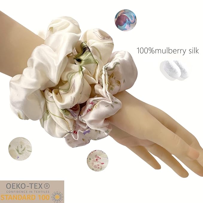 Suncdelv Silk,100% Silk Scrunchies for Hair,22 Momme Hair Ties for Anti-Crease & Breakage,Natural Women Hair Accessories，Fashion Hairbands 3PCS（Flower）