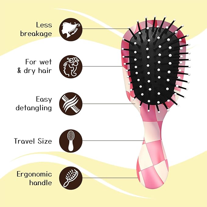 Mini Hair Brush,Cute Detangling Travel Hair Brush,Soft Bristles for Effortless Tangle Removal,Detangler Hairbrush for Women Men Boys Girls Kids Wet Dry All Hair Types (Pink Grid, Mini)