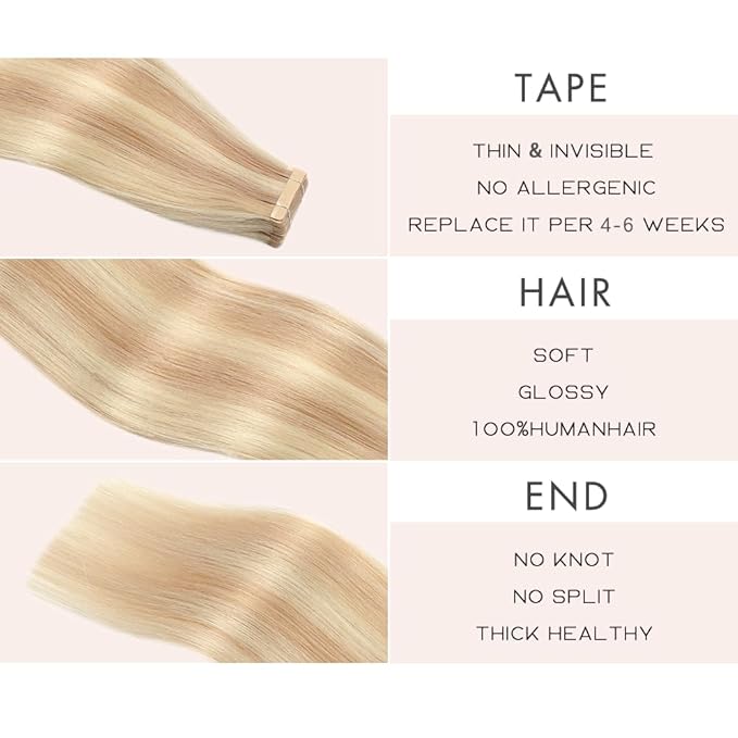 Human Hair Tape in Extensions Ash Blonde Highlighted Bleach Blonde 16 Inch 20pcs Tape in Hair Extensions Straight Double Sided Remy Invisible Tape in Hair Extensions Human Hair (P18K/60#,16 Inch)