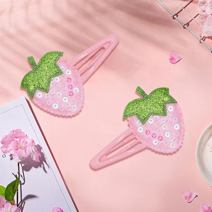 IKOLA Snap Hair Clips for Girls, Sequin Strawberry Hair Clips Water Drop Non Slip Fabric Hair Barrettes Sparkly Hair Accessories for Kids, Toddler Girls - Pink