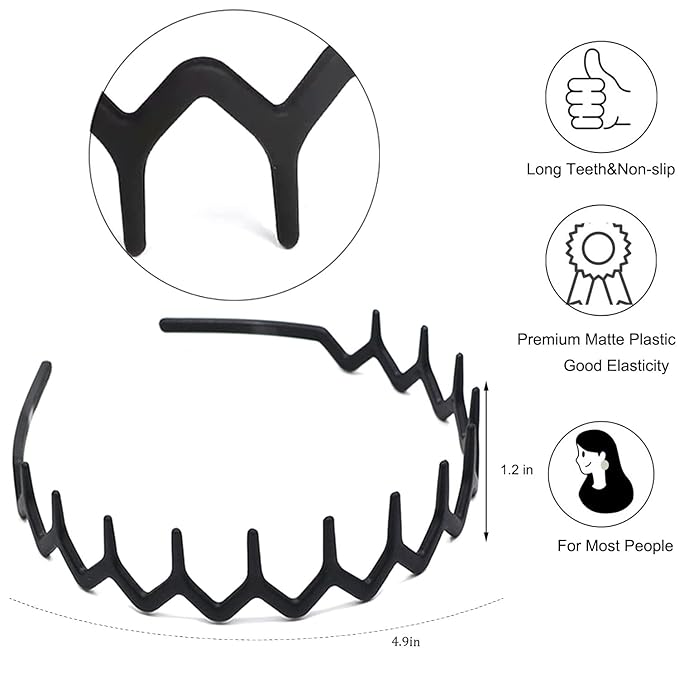 LAPOHI 8 PCS Non Slip Fashion Effortless Plastic Headbands with Teeth Comb Skinny Hair Bands for Women Men Teen Girls, Comb Teeth Matte Black