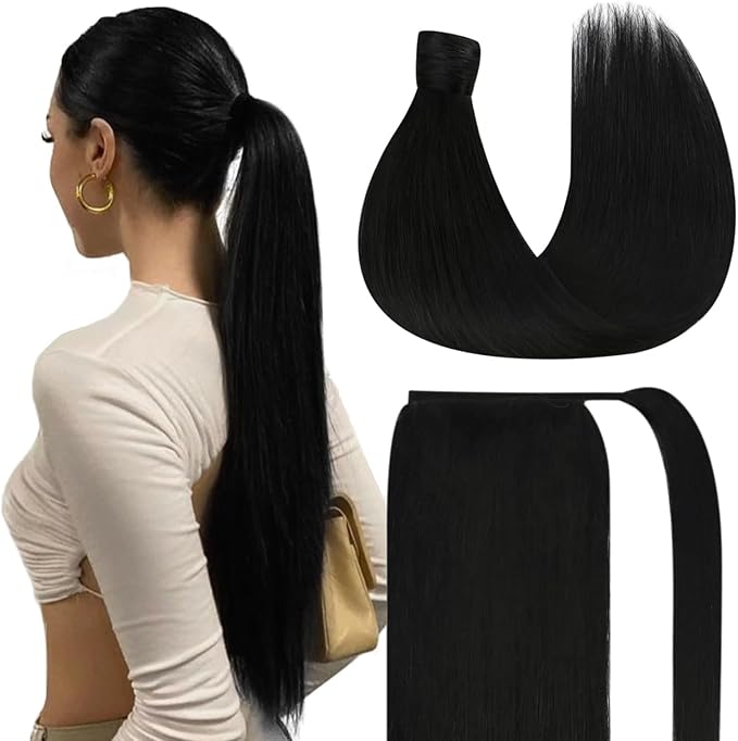 Ve Sunny Hair Extensions Ponytail Real Human Hair 80G Wrap Around Clip in Ponytail Hair Extensions Straight Extensions Human Hair for Women Jet Black 14inch