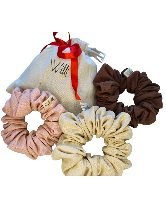 Handmade Linen Scrunchie Bundle for Women – Set of 3 Neutral Hair Ties – 100% Linen Fabric, Gentle on Hair, Woman Gift Set (Mocha)