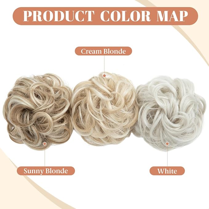 CJL HAIR 2PCS Messy Bun Hair Pieces Wavy Curly Synthetic Updo Chignon Fake Scrunchies Ponytail Extension for Women White