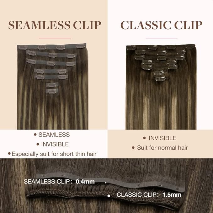 GOO GOO Clip in Hair Extensions Real Human Hair, Remy Human Hair Extensions Clip ins for Women, Natural Human Hair, 22inch 110g 7Pcs, 4/26/4 Balayage Chocolate Brown to Honey Blonde
