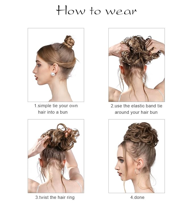 SARLA 2PCS Messy Hair Bun Hair Pieces Wavy Curly Synthetic Updo Fake Scrunchies Ponytail Extension for Women Reddish Brown