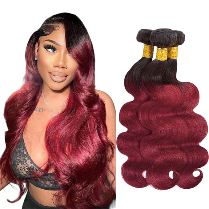 Burgundy Bundles Human Hair 99j Body Wave Bundle 20 22 24 Inch Brazilian Virgin Remy Hair Extensions Niegmeag 2 Tone Black and Red Body Wave Bundles Double Weft Hair Weave 300g