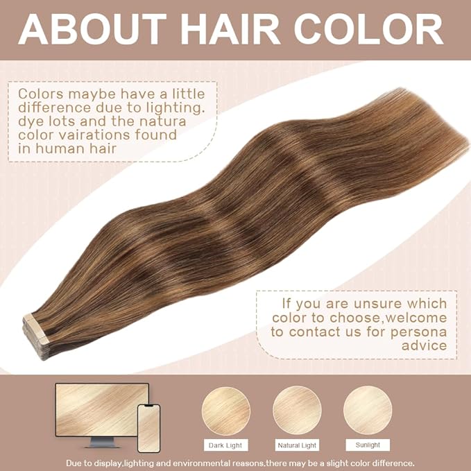 Tape in Hair Extensions Real Human Hair 24 Inch Brownish Brown to Brownish Yellow Tape for Skin Weft Hair Extension Invisible Tape in Hair Extensions Straight Remy Human Hair for Women 20pcs