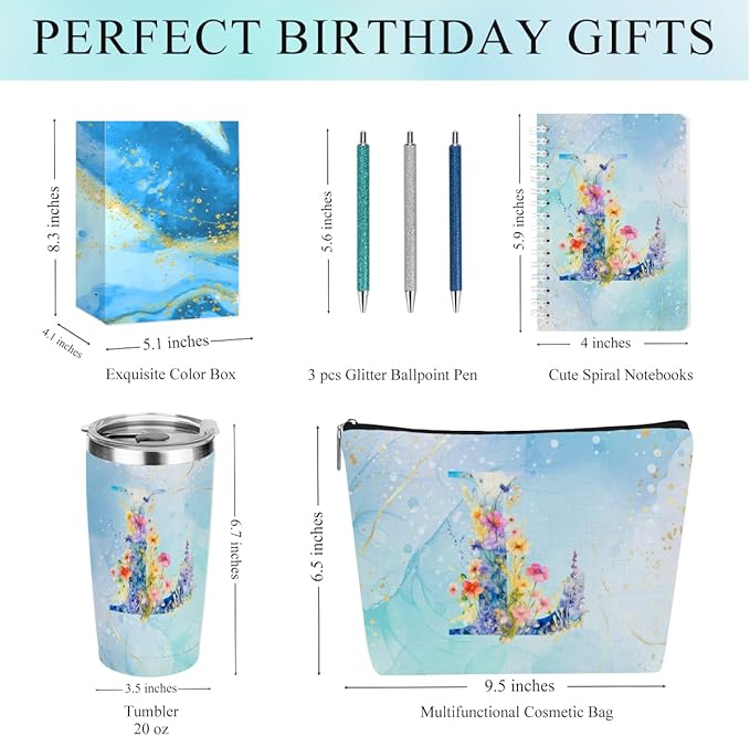 Personalized Gifts Monogrammed Birthday Gifts for Women, Mama New Mom Thanksgiving Wedding Christmas Initial 20 oz Tumbler, Makeup Bag Cup Pens Journal Notebook 6 Set, (Aesthetic Blue Flower L)