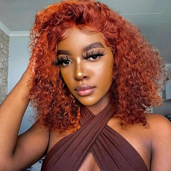 GOLFMAX 8 Inch Curly Bob Wig 350# Orange Ginger Lace Front Wigs Human Hair Short Bob Wig Human Hair Water Wave 13x4 Lace Front Wigs Pre Plucked
