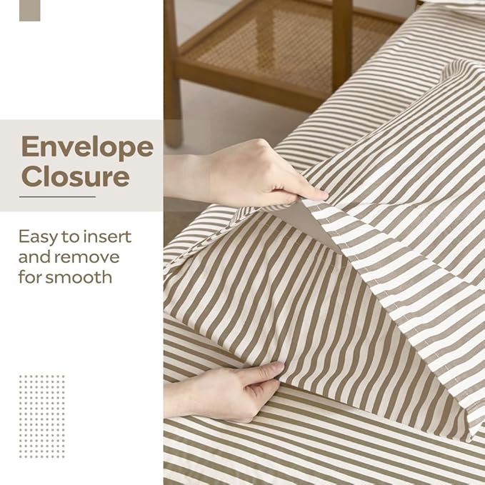 JELLYMONI 100% Natural Cotton Striped Queen Pillowcases Set, 2 Pack White and Khaki Stripes Pattern Printed Pillow Covers with Envelope Closure(Pillows are not Included)