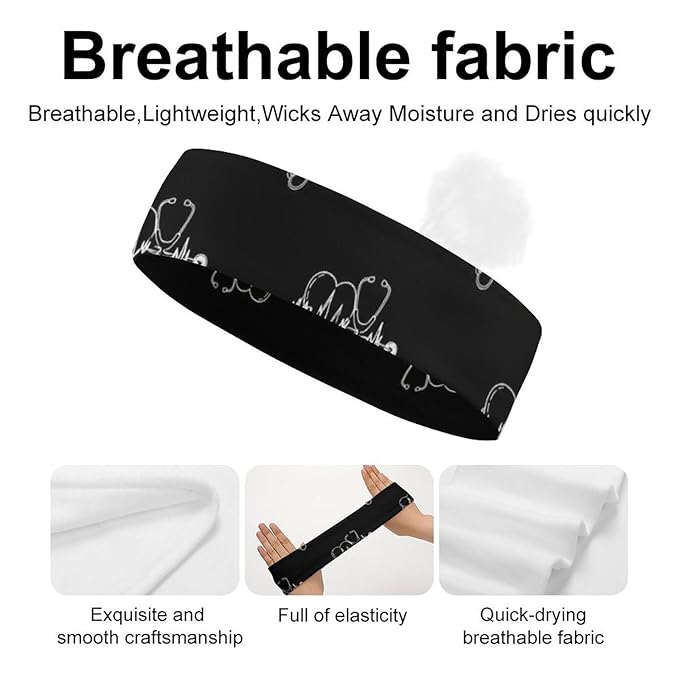 Headbands for Women Men Unisex Love Heart Nurse Heartbeat Black And White Art Non Slip Sports Sweatbands for Running, Cycling, Yoga, Fitness