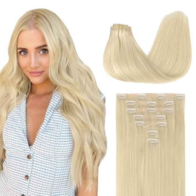 GOO GOO Clip in Hair Extensions Real Human Hair, Remy Human Hair Extensions Clip ins for Women, Natural Human Hair, 18inch 110g 7Pcs, 60A Platinum Blonde