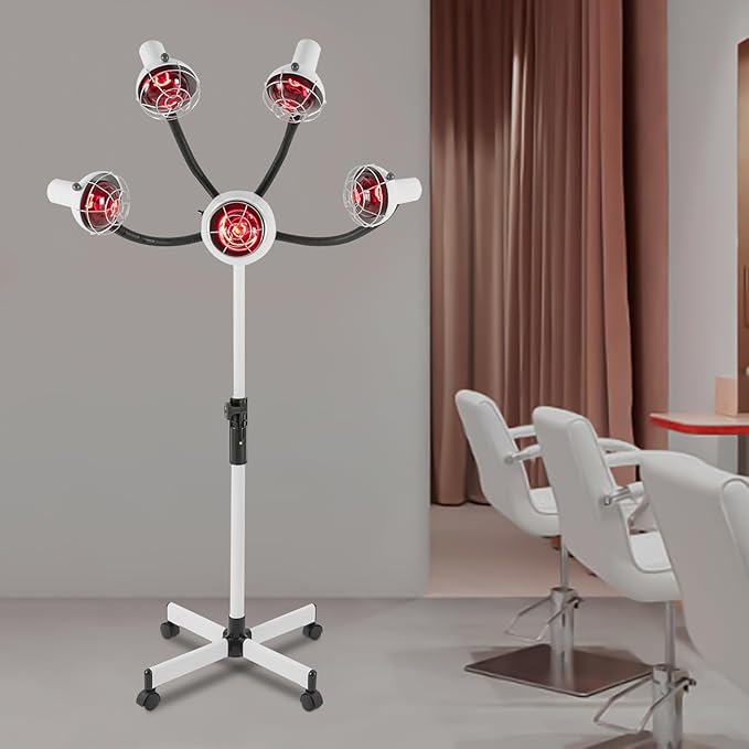 5 Head Infrared Heat Lamp, Adjusting Height Styling Perming Dryer, Salon Heat Lamp Headed Lamp with Rolling Wheels, Multifunction Infrared Lamp Hair Dryer Hair Color Processor Machine (White)