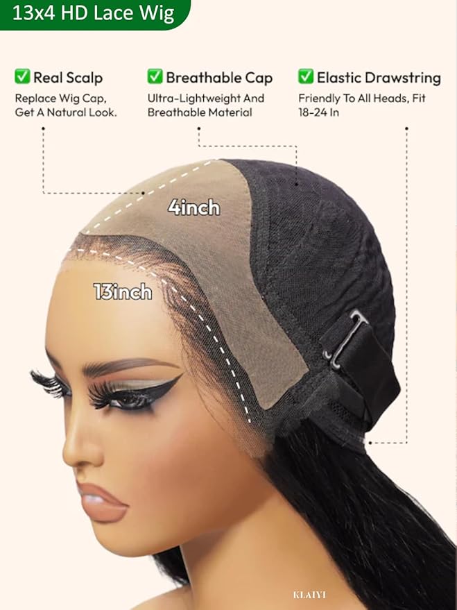 KLAIYI Water Wave HD Real Scalp Glueless Precut 13x4 Lace Front Human Hair Wig Drawstring Bye Bye Knots Pre Plucked Bleached Pre Everything 30S Ready to Wear and Go Deep Curly Wave Beginner Wig 24Inch