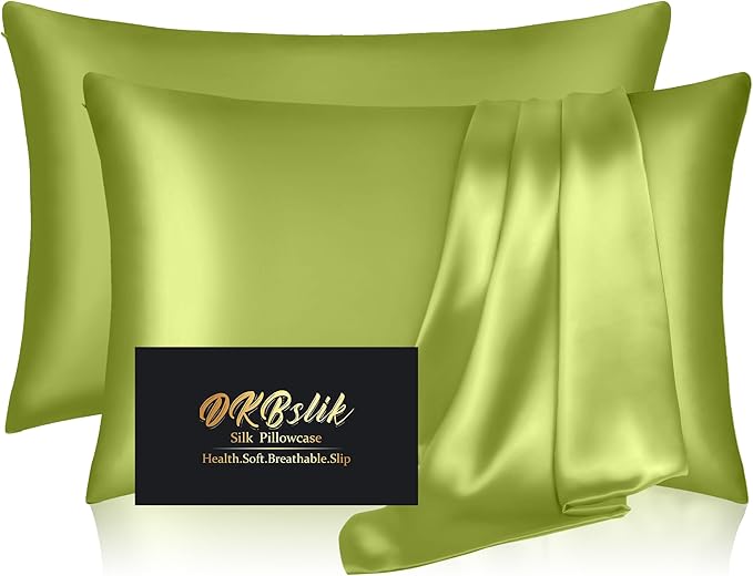 Silk Pillowcase 2 Pack, Natural Mulberry Silk Pillow Cases, Anti Acne Silk Pillowcase for Hair and Skin, King Size Silk Satin Pillowcase Set of 2 with Zipper, Gifts for Sleeping Women, Olive Green