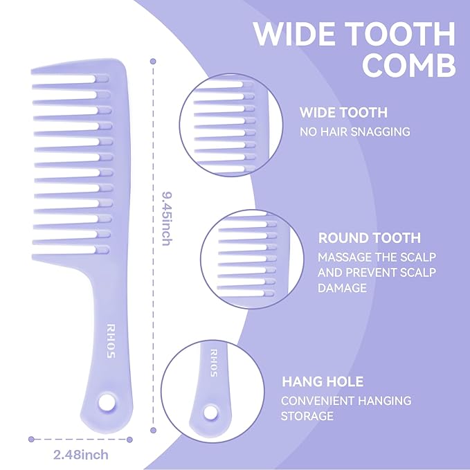 RHOS Hair Comb Set for All Hair Types and Genders - Wide, Fine Rat Tail, and Medium Detangling Combs for Styling (Purple)