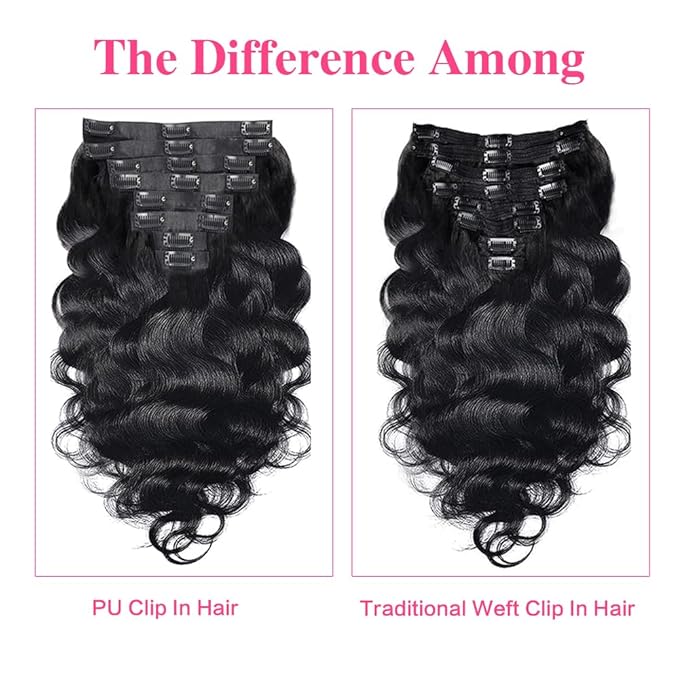 Seamless Body Wave PU Clip In Hair Extensions Real Human Hair Invisible PU Weft Clip Ins 100% Unprocessed Human Hair Extensions 8pcs with 18Clips Per Set 120g(26inch,Natural Black)
