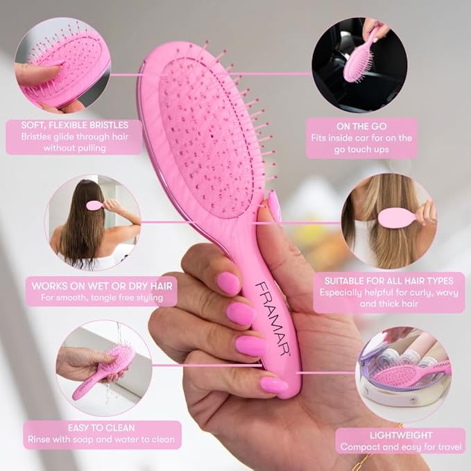 FRAMAR Mini Hair Brush Detangler – Mini Brush For Hair, Small Travel Hair Brush For Women, Travel Hairbrush Detangler, Compact For Travel, Reduces Breakage, For All Hair Types – Matte Pink